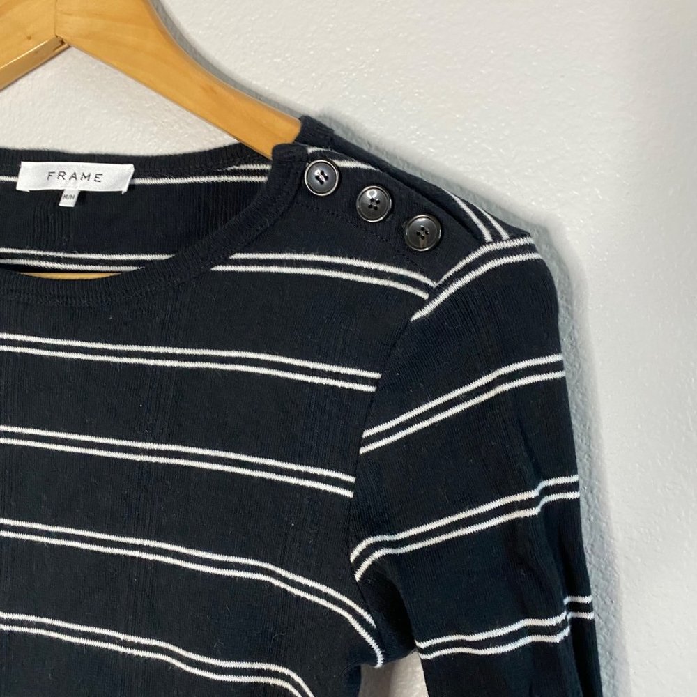 Frame Edie Button Shoulder Detail Black Stripe Ribbed Long Sleeve Top - Picture 4 of 7